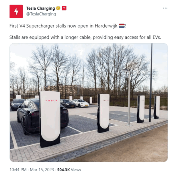 特斯拉V4超充桩首批投用：最大输出功率600KW 电压1000V